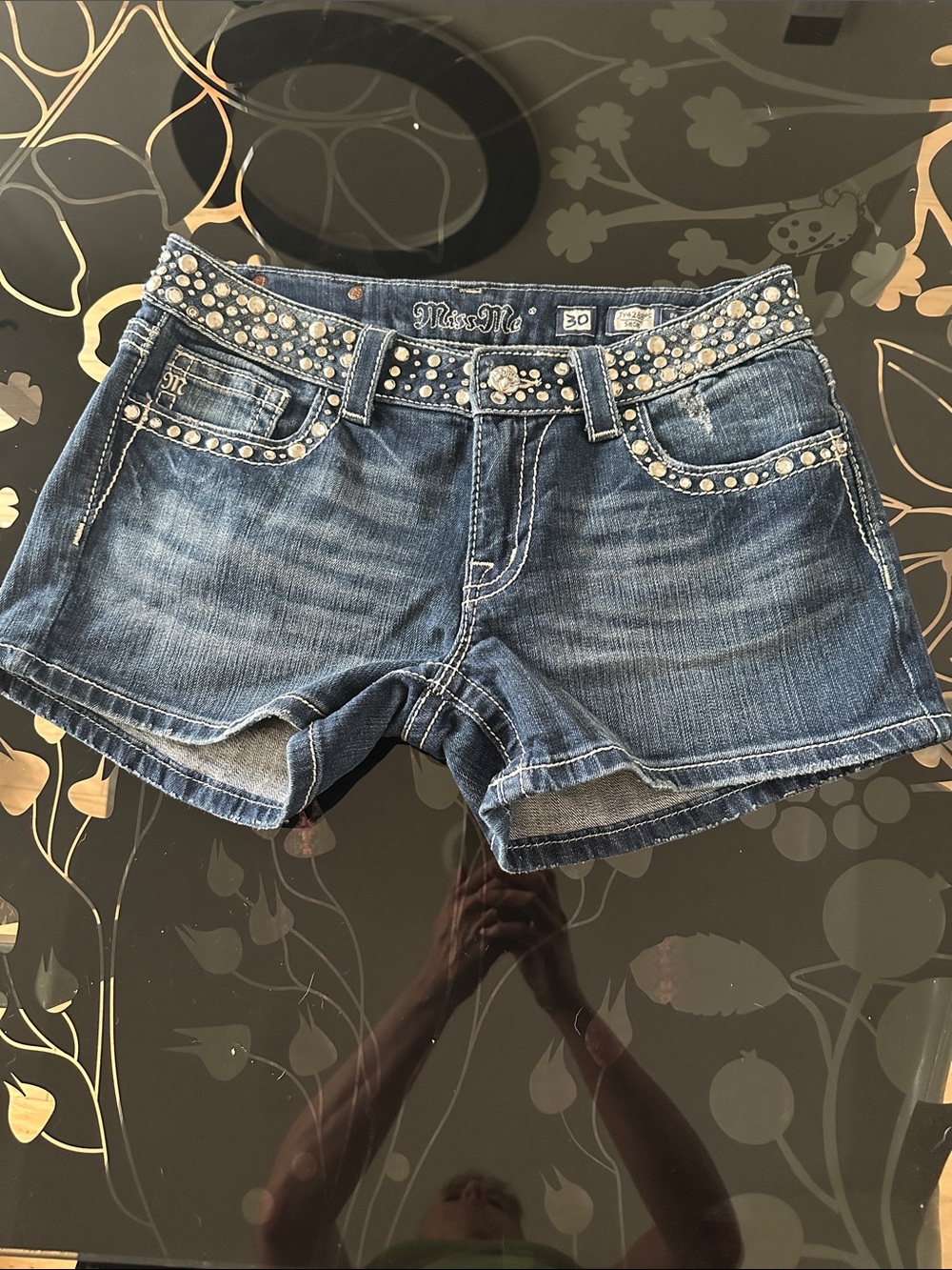 Miss Me Blue Denim Studded Low-Rise Shorts